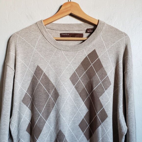 Perry Ellis Knit Argyle Crew Neck Sweater 100% Cotton Tan/Brown Size Men's XL - Picture 3 of 9